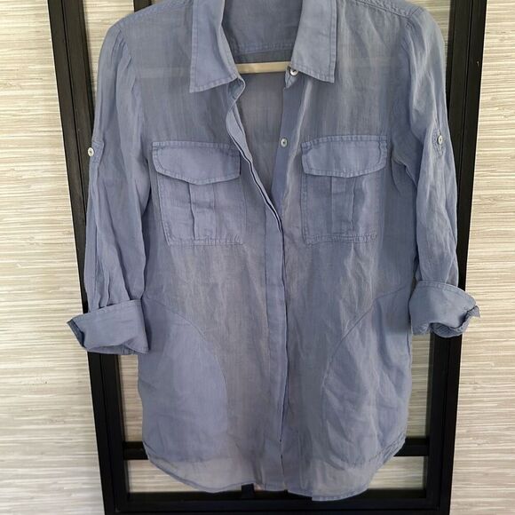 Theory classic blue ramie button down three-quarter sleeve blouse m - Picture 1 of 6
